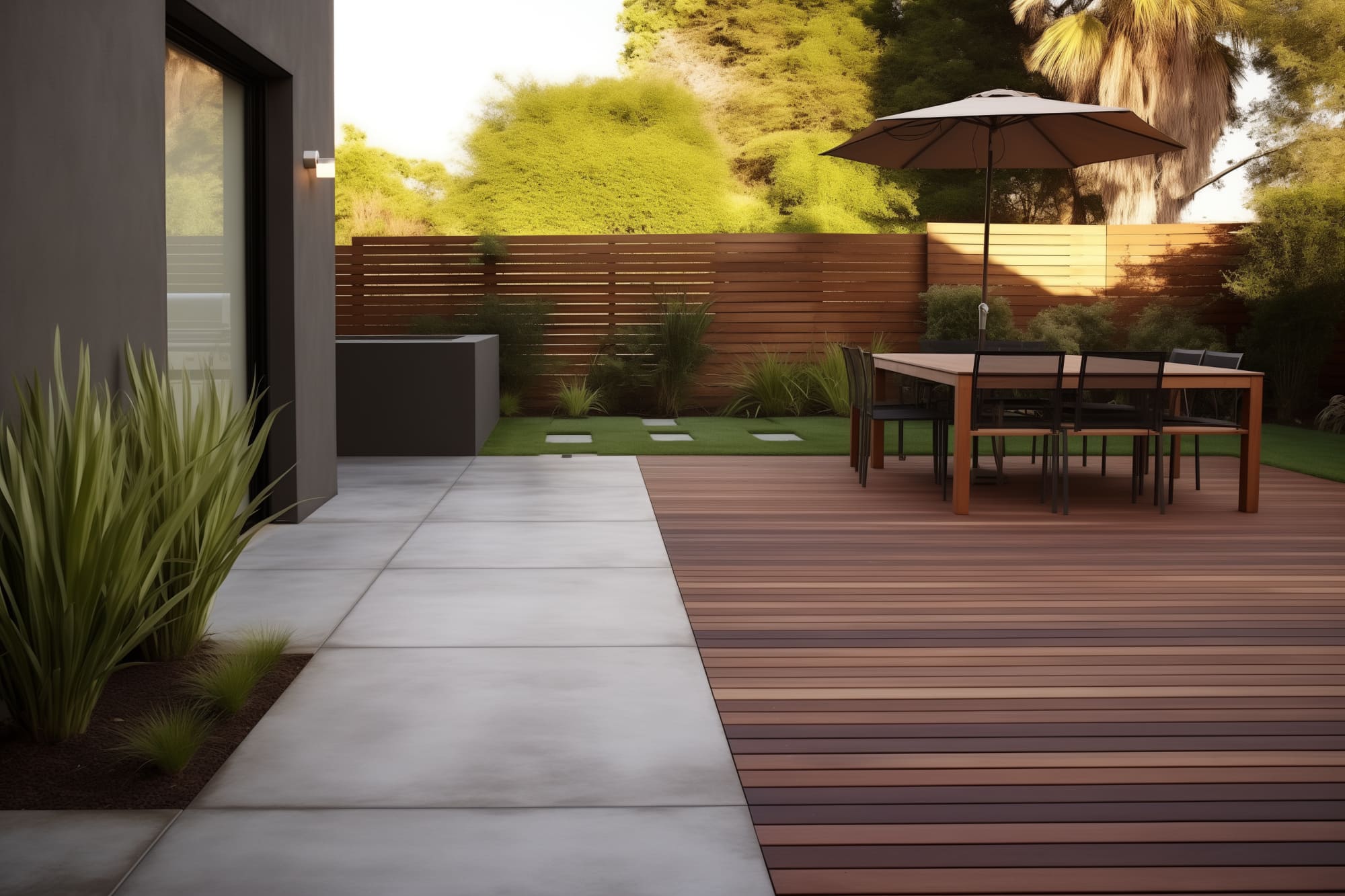 Integrating A Wood Deck Next To A Concrete Patio In A Seamless Design